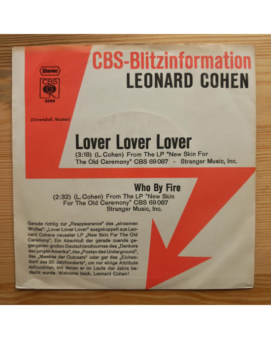 Leonard Cohen - Lover Lover Lover / Who By Fire (1974 Almanya Promo) - 45'lik Leonard Cohen - Lover Lover Lover / Who By Fire (1974 Almanya Promo) - 45'lik